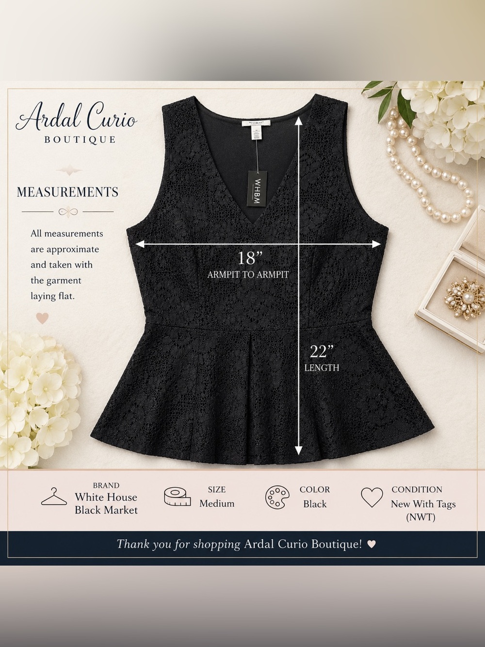 WHBM White House Black Market Black Lace Peplum Tank Top NWT Medium Career - Picture 11 of 11